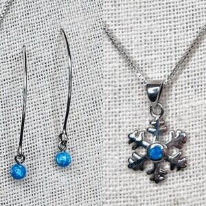 Silver 925 Simulated Fire Opal Snowflake 18" Necklace + Drop Earring Set Jewelry